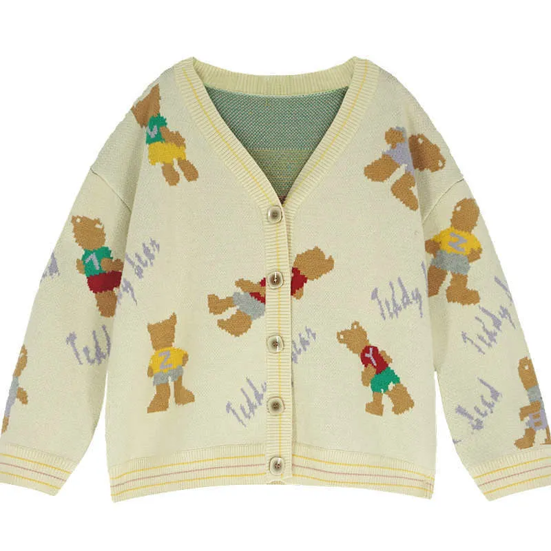 Autumn Winter V-Neck Sweater Knitwear Jacket loose fit Warm Cardigan Teddy Bear Print Outfit Coat