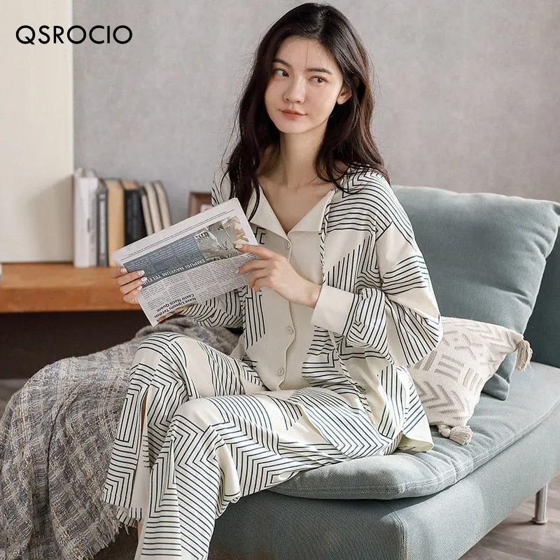 Autumn Women's Pajamas Set High Quality Bohemian Stripes Print Sleepwear V Neck Cotton Homewear Nightwear Pyjamas Femme