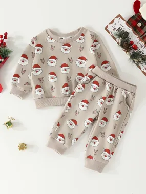 Baby Cute Cartoon Allover Print 2pcs Outfits, Toddler's Christmas Casual Pullover Top Pants Set