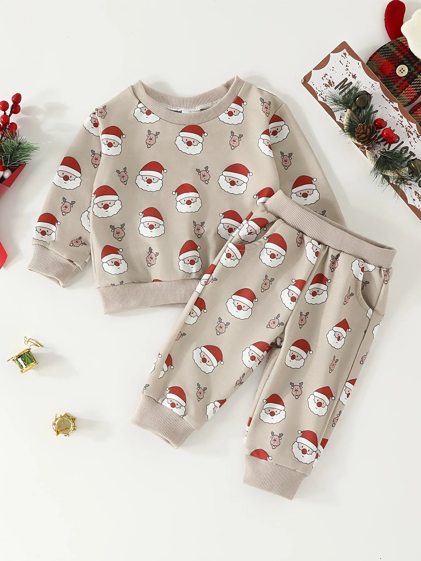 Baby Cute Cartoon Allover Print 2pcs Outfits, Toddler's Christmas Casual Pullover Top Pants Set