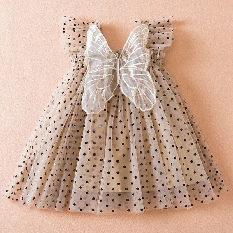 Baby Girl Princess Dress with Butterfly Wings -Coco Brown Tulle with Black Polka Dots