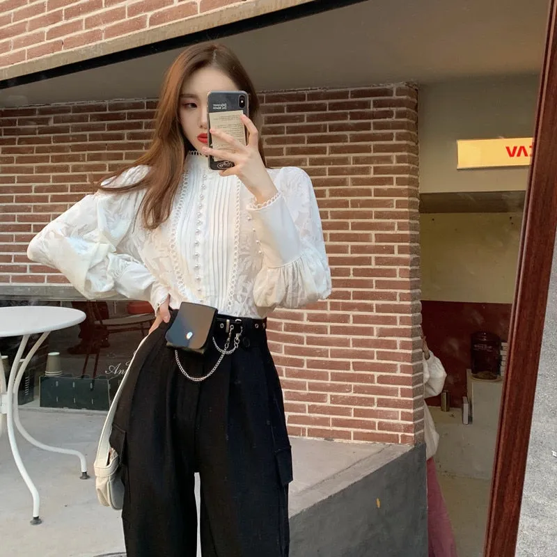 Back to college outfits Solvbao Korean Two-Piece Set Women  Winter New Temperament Stand-Up Collar Puff Sleeve Shirt Tops Female   Harem Pants Suit Female fx0615