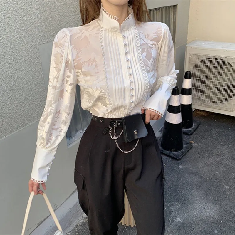 Back to college outfits Solvbao Korean Two-Piece Set Women  Winter New Temperament Stand-Up Collar Puff Sleeve Shirt Tops Female   Harem Pants Suit Female fx0615