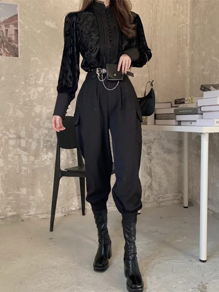 Back to college outfits Solvbao Korean Two-Piece Set Women  Winter New Temperament Stand-Up Collar Puff Sleeve Shirt Tops Female   Harem Pants Suit Female fx0615