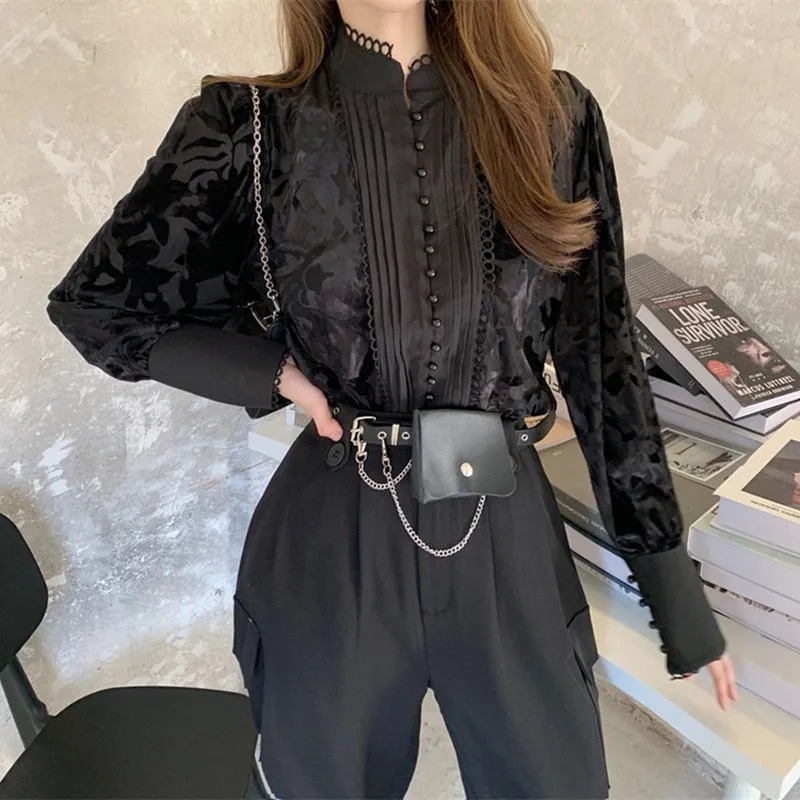 Back to college outfits Solvbao Korean Two-Piece Set Women  Winter New Temperament Stand-Up Collar Puff Sleeve Shirt Tops Female   Harem Pants Suit Female fx0615