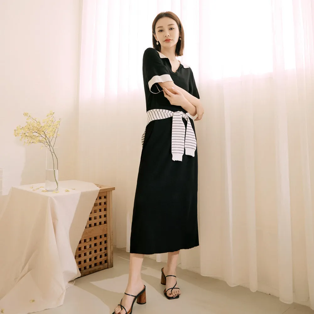 Basic Knit Colorblock Collar Long Maxi Dress