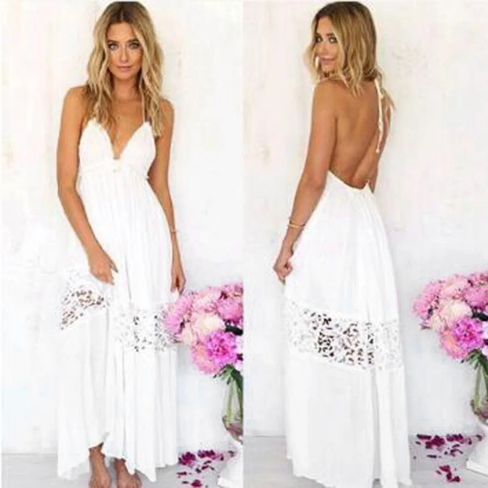 Beach White Lace Boho Maxi Party Dress