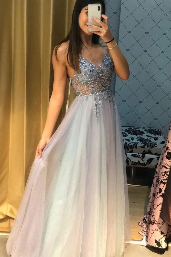 Beaded Bodice Blue Tulle A-Line Long Prom Dress, PD2303033