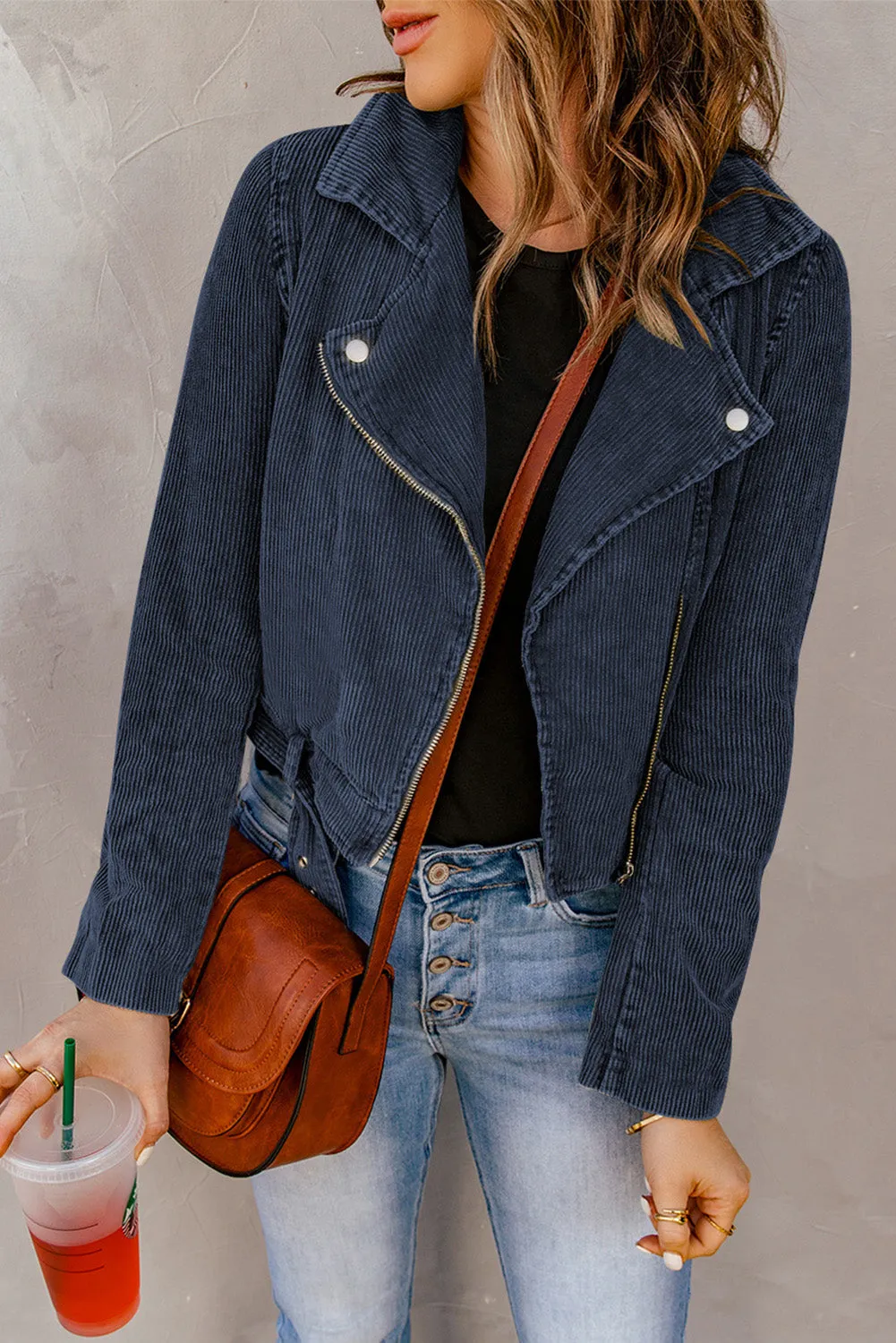 Belted Zip-Up Corduroy Jacket