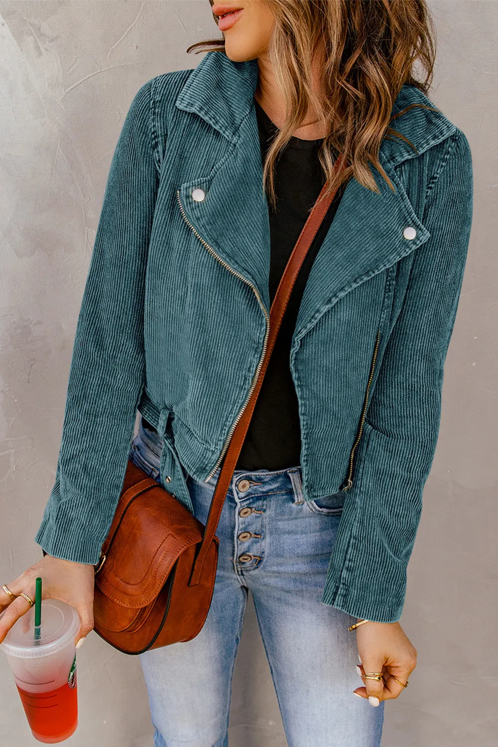 Belted Zip-Up Corduroy Jacket