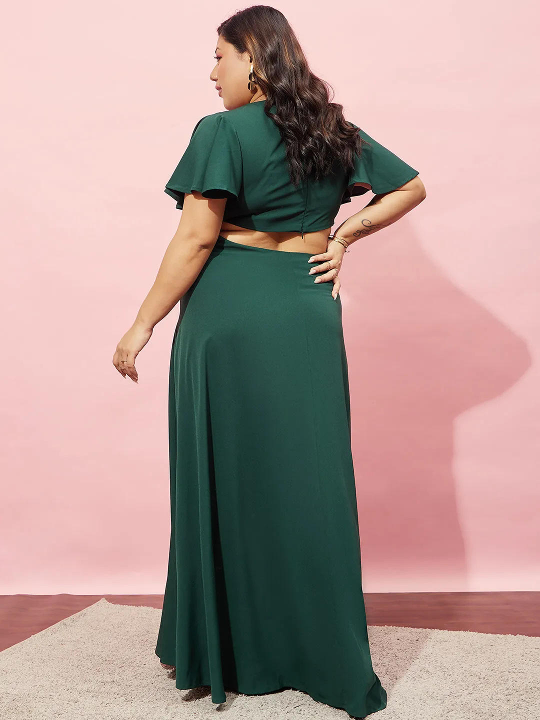 Berrylush Women Plus Size Solid Green Round Neck Flutter Sleeve Back Cutout Thigh-High Slit Flared Maxi Dress