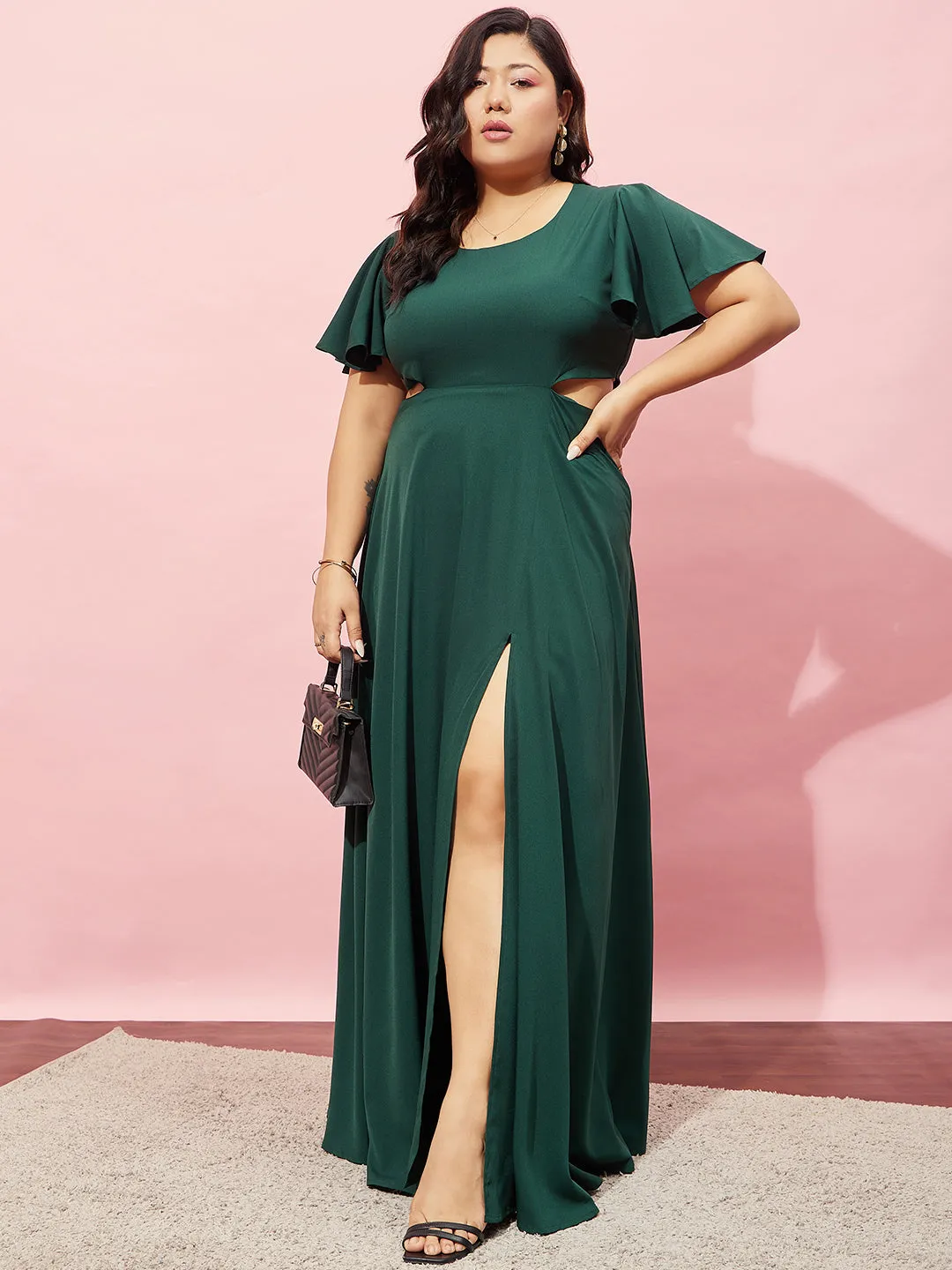 Berrylush Women Plus Size Solid Green Round Neck Flutter Sleeve Back Cutout Thigh-High Slit Flared Maxi Dress