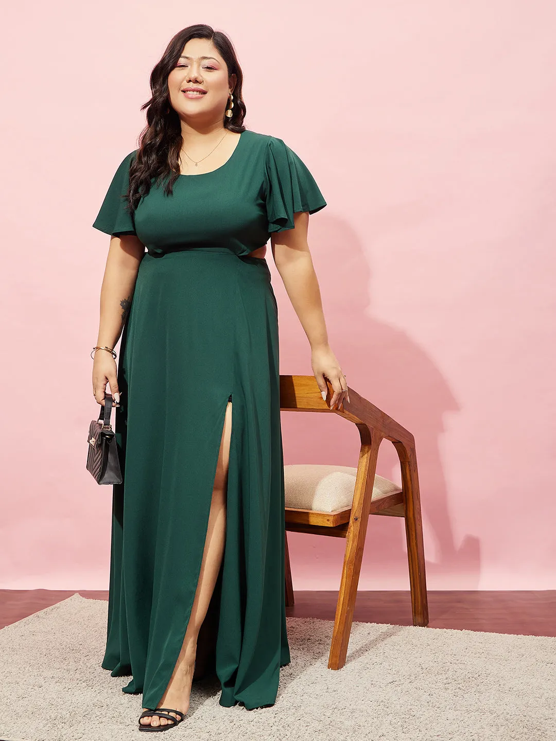 Berrylush Women Plus Size Solid Green Round Neck Flutter Sleeve Back Cutout Thigh-High Slit Flared Maxi Dress