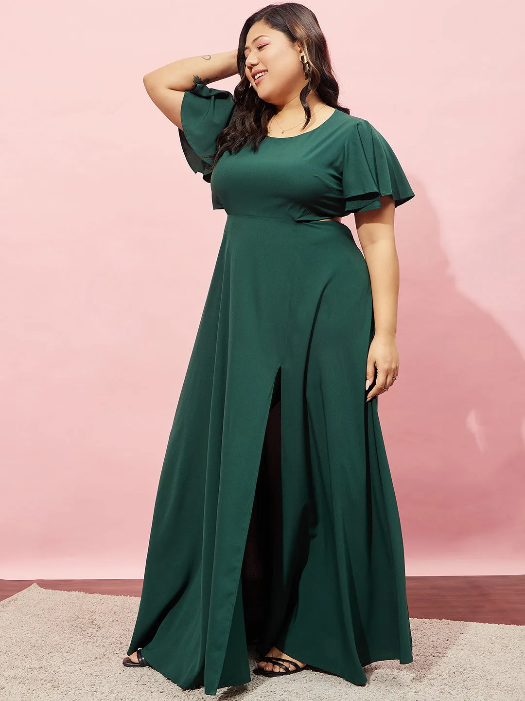 Berrylush Women Plus Size Solid Green Round Neck Flutter Sleeve Back Cutout Thigh-High Slit Flared Maxi Dress