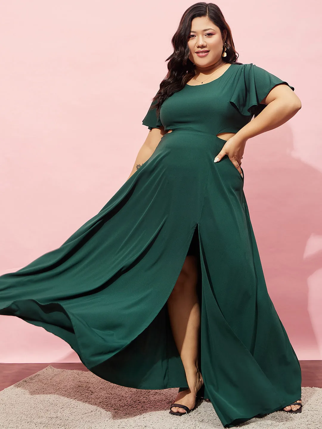 Berrylush Women Plus Size Solid Green Round Neck Flutter Sleeve Back Cutout Thigh-High Slit Flared Maxi Dress