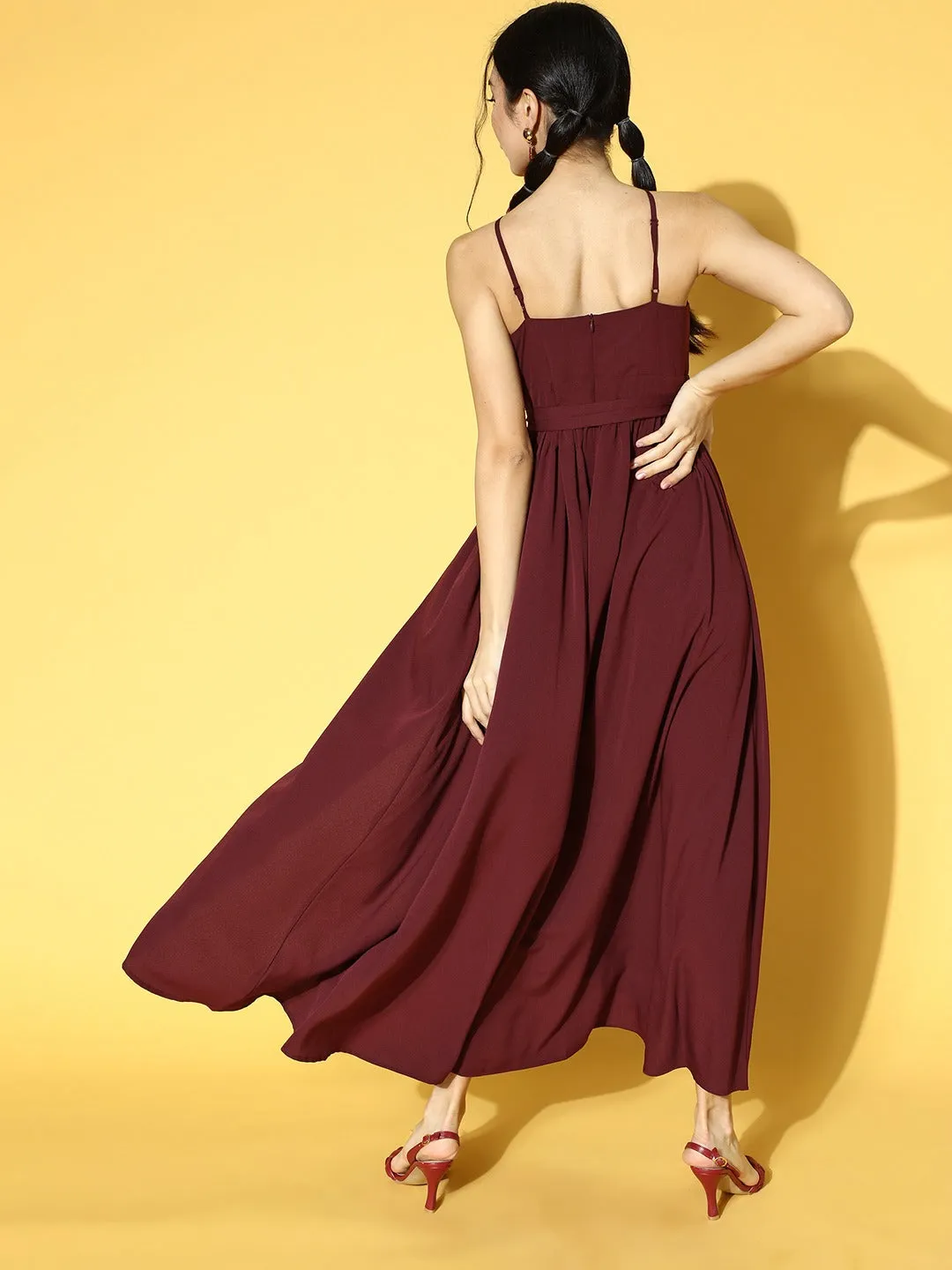 Berrylush Women Solid Maroon Halter Nack Front Cutout Tie-Up Waist Asymmetrical Hem Slited Maxi Dress