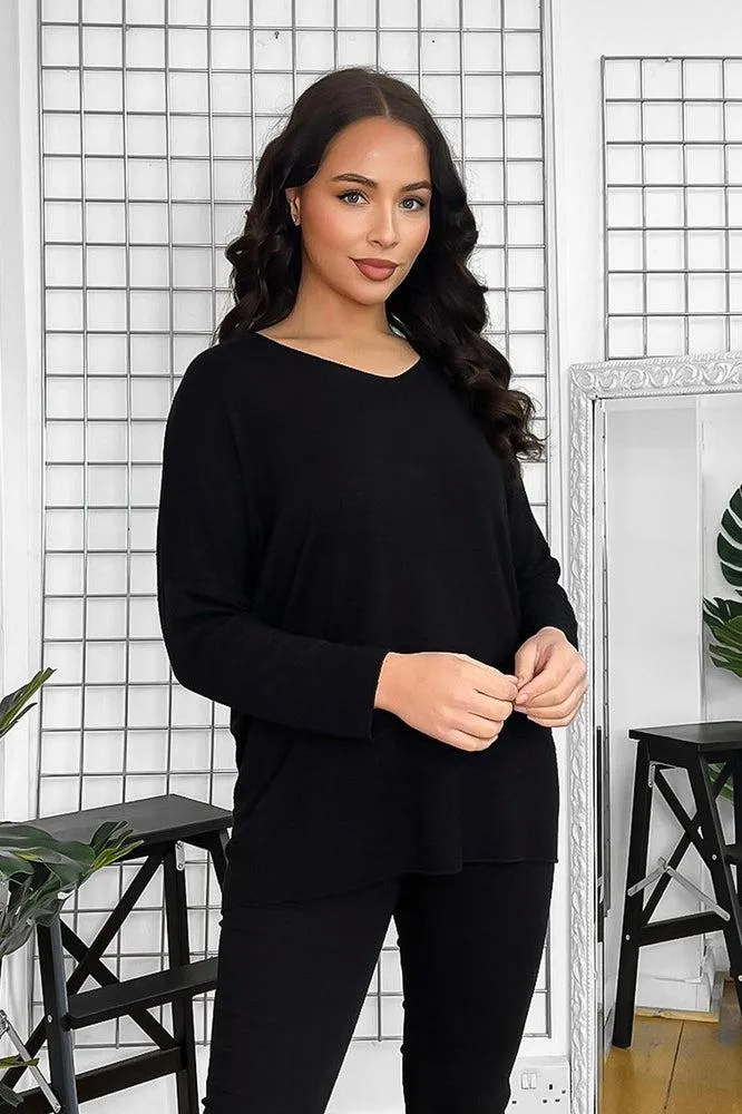 Black Fine Knit Wool Blend V-Neck Pullover