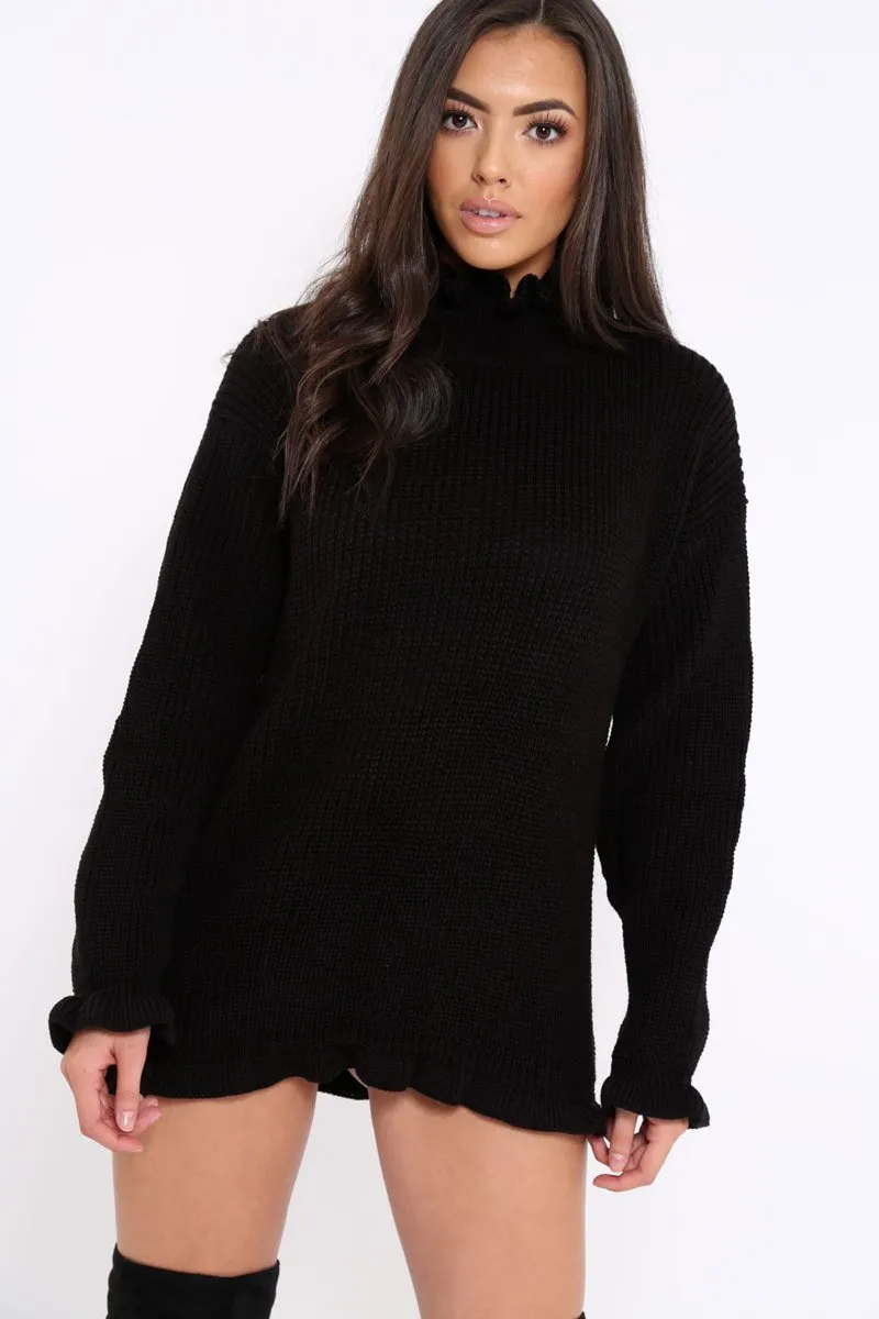 Black Knitted Ruffle Jumper Dress with Elasticated hems - Velma