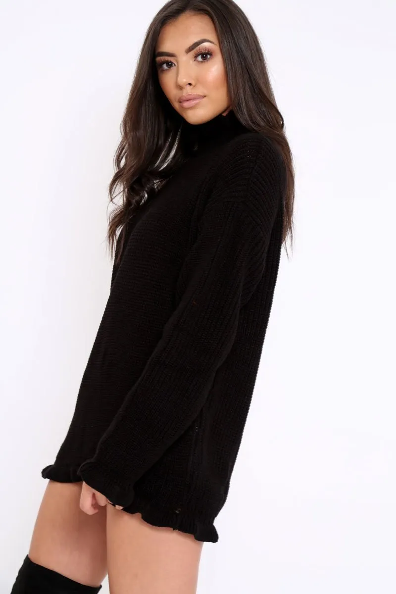 Black Knitted Ruffle Jumper Dress with Elasticated hems - Velma