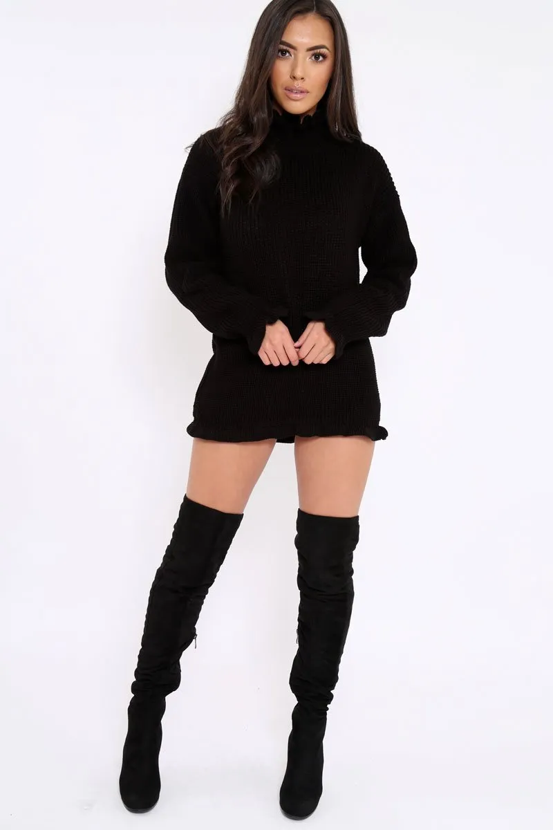 Black Knitted Ruffle Jumper Dress with Elasticated hems - Velma