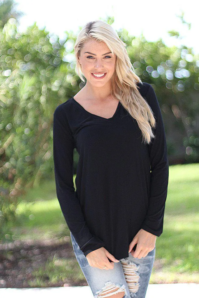 Black V-Neck Top With Long Sleeves