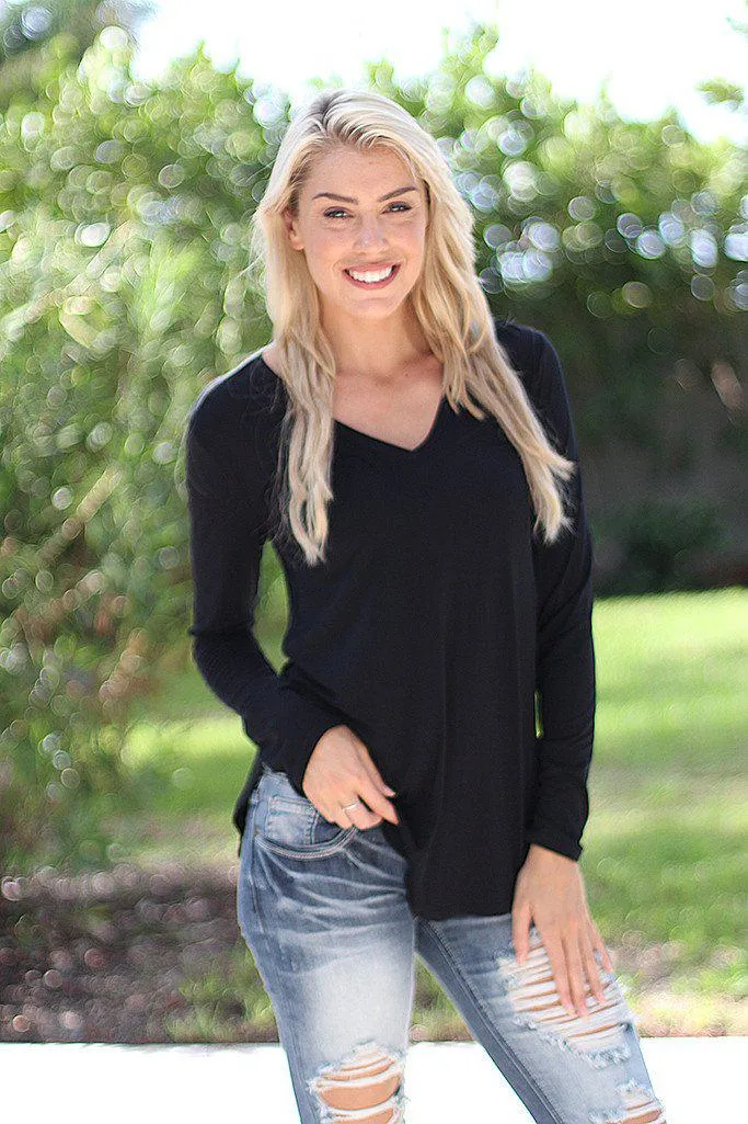 Black V-Neck Top With Long Sleeves