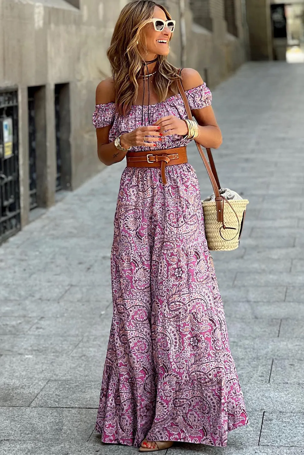 Blue Boho Paisley Print Off Shoulder Maxi Dress