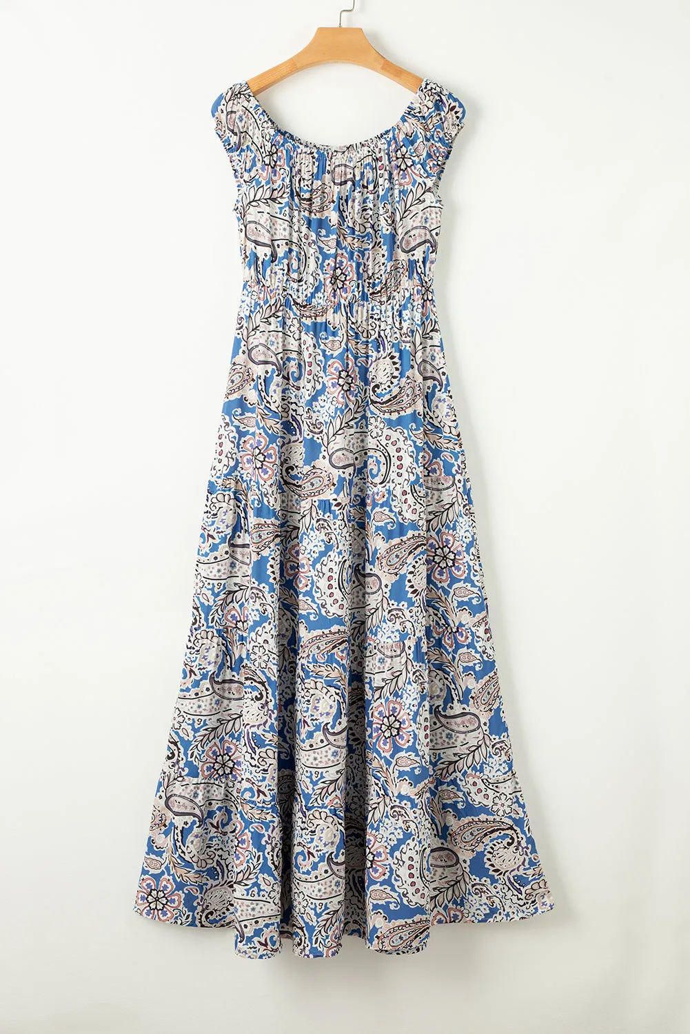 Blue Boho Paisley Print Off Shoulder Maxi Dress