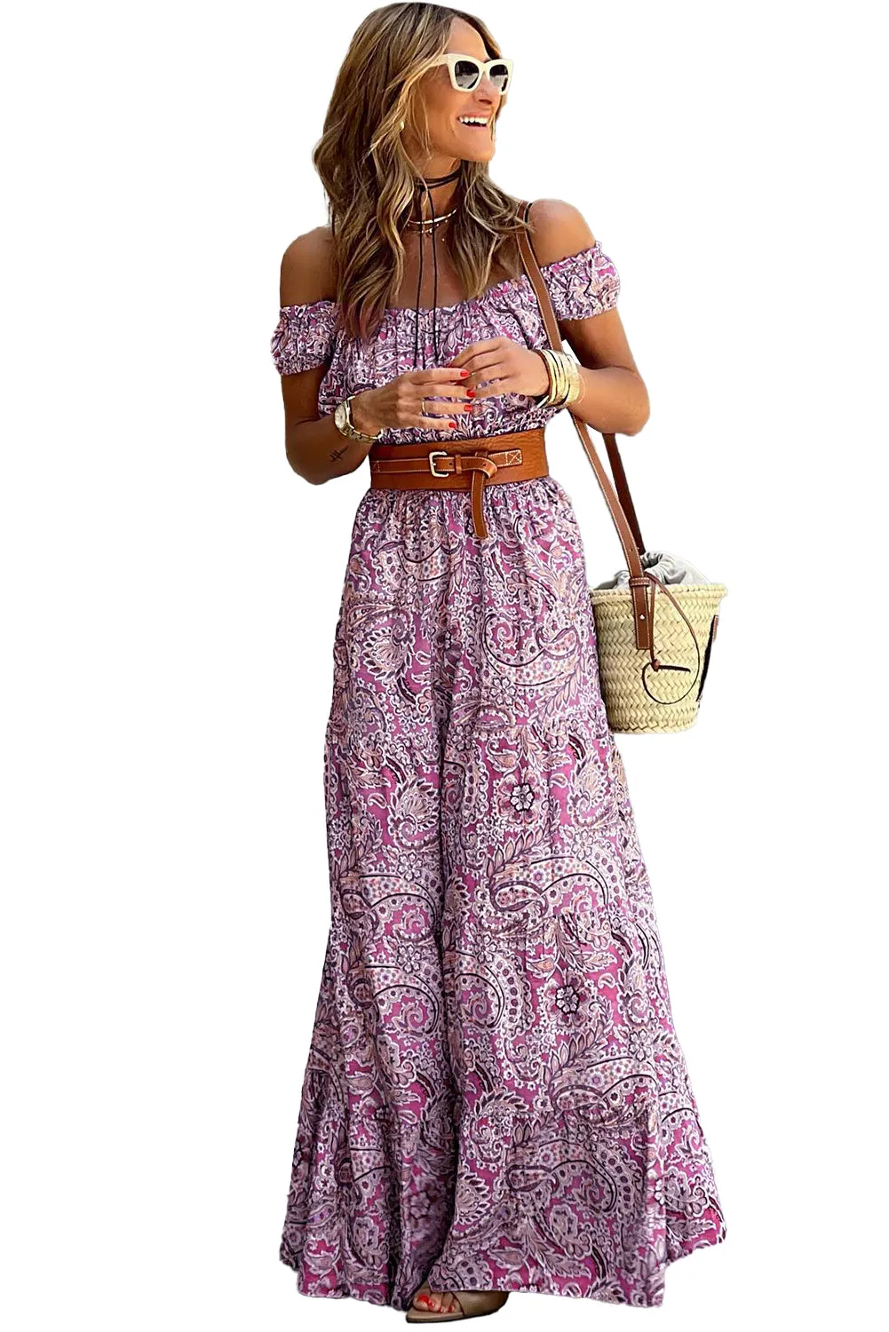 Blue Boho Paisley Print Off Shoulder Maxi Dress