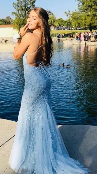 Blue Lace Prom Dress Long, Prom Dresses, Evening Dress, Dance Dress, Graduation School Party Gown, PC0418