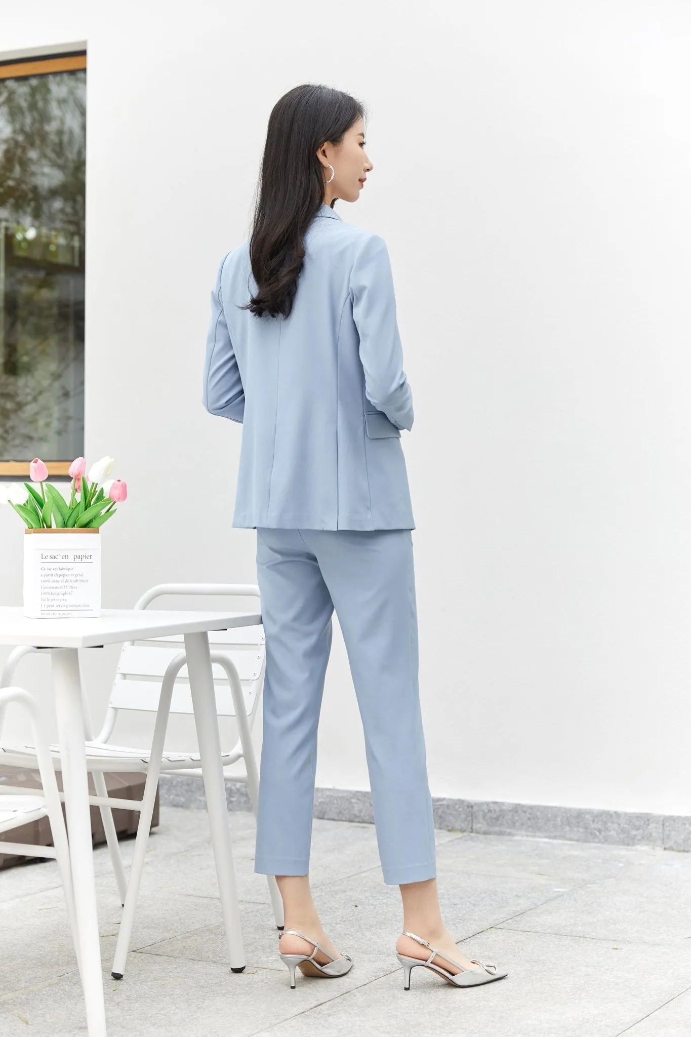 Blue Straight Leg Suits Pants