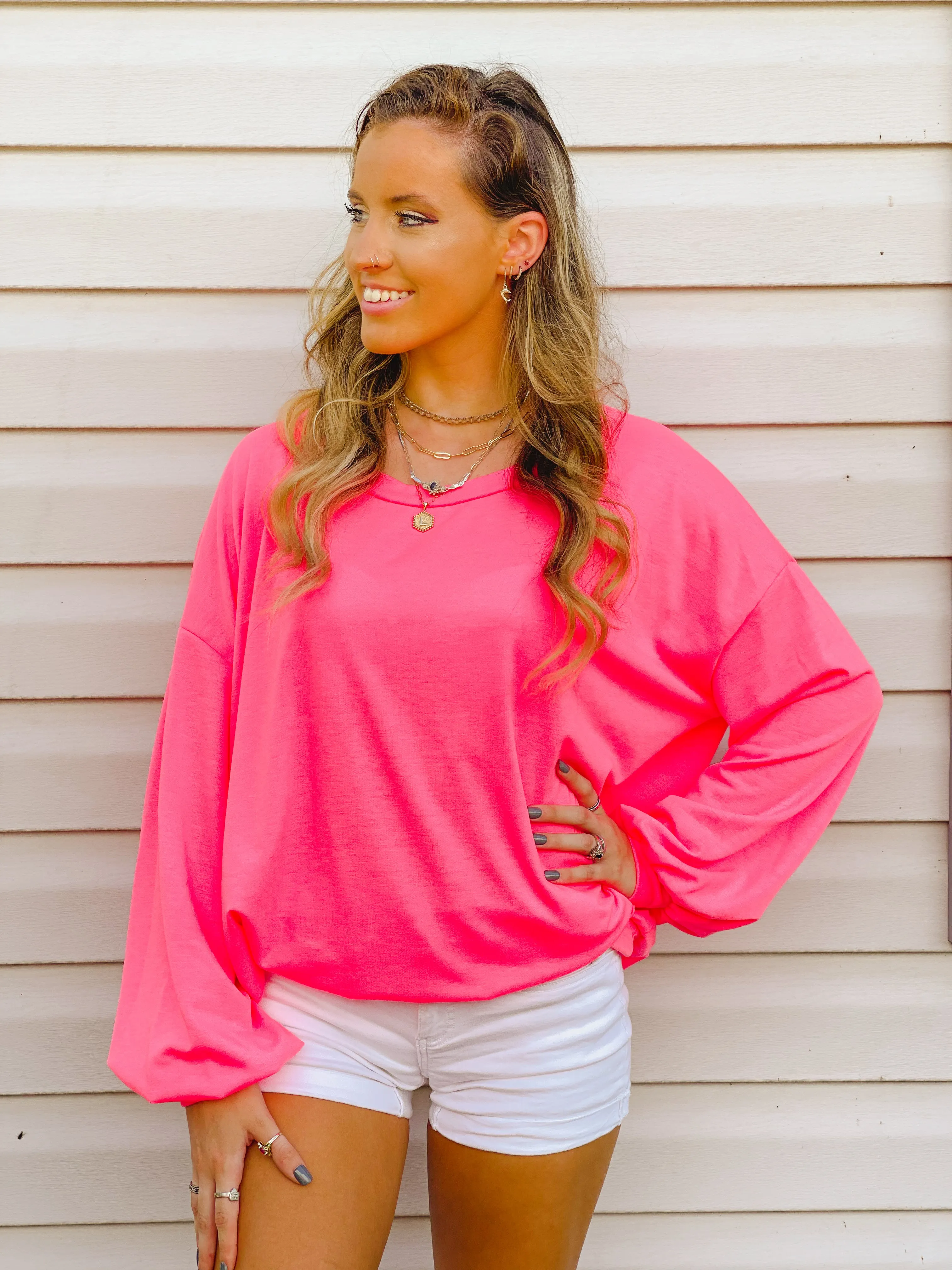 Blush-Worthy Neon Pink Drop-Shoulder Pullover