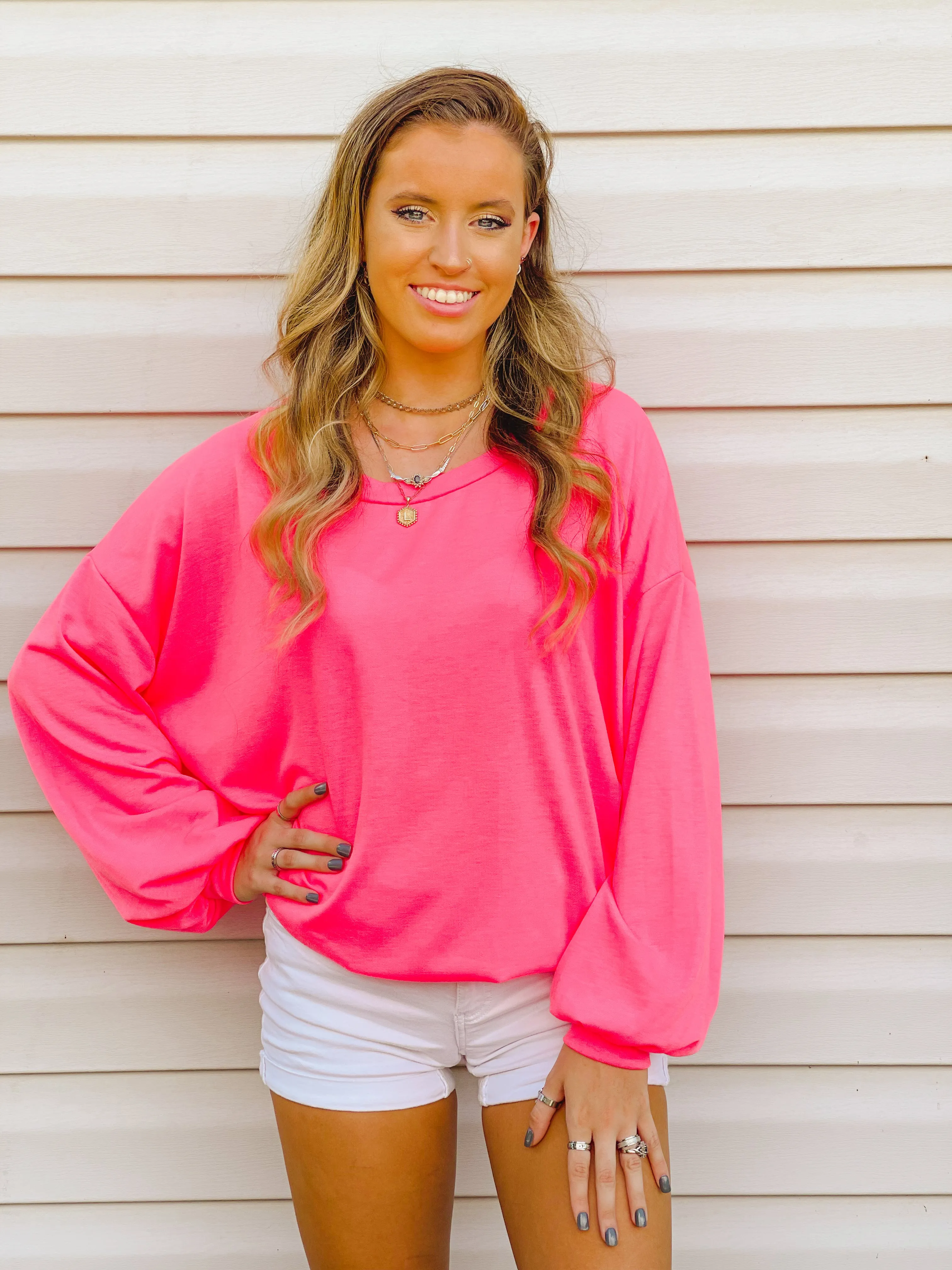 Blush-Worthy Neon Pink Drop-Shoulder Pullover