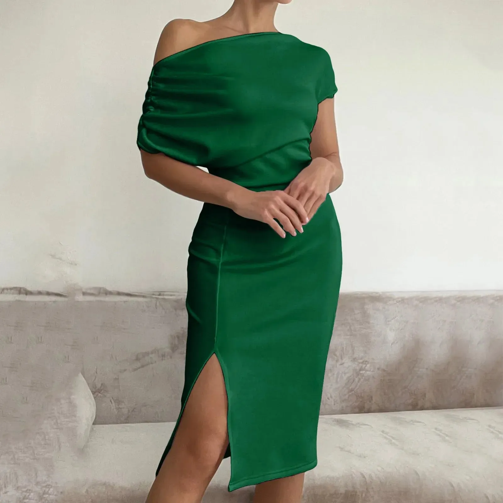 Bodycon Ruched Club Green Split Hem Fashion Slim Fit Scarf Collar Elegant Midi Sexy Dress