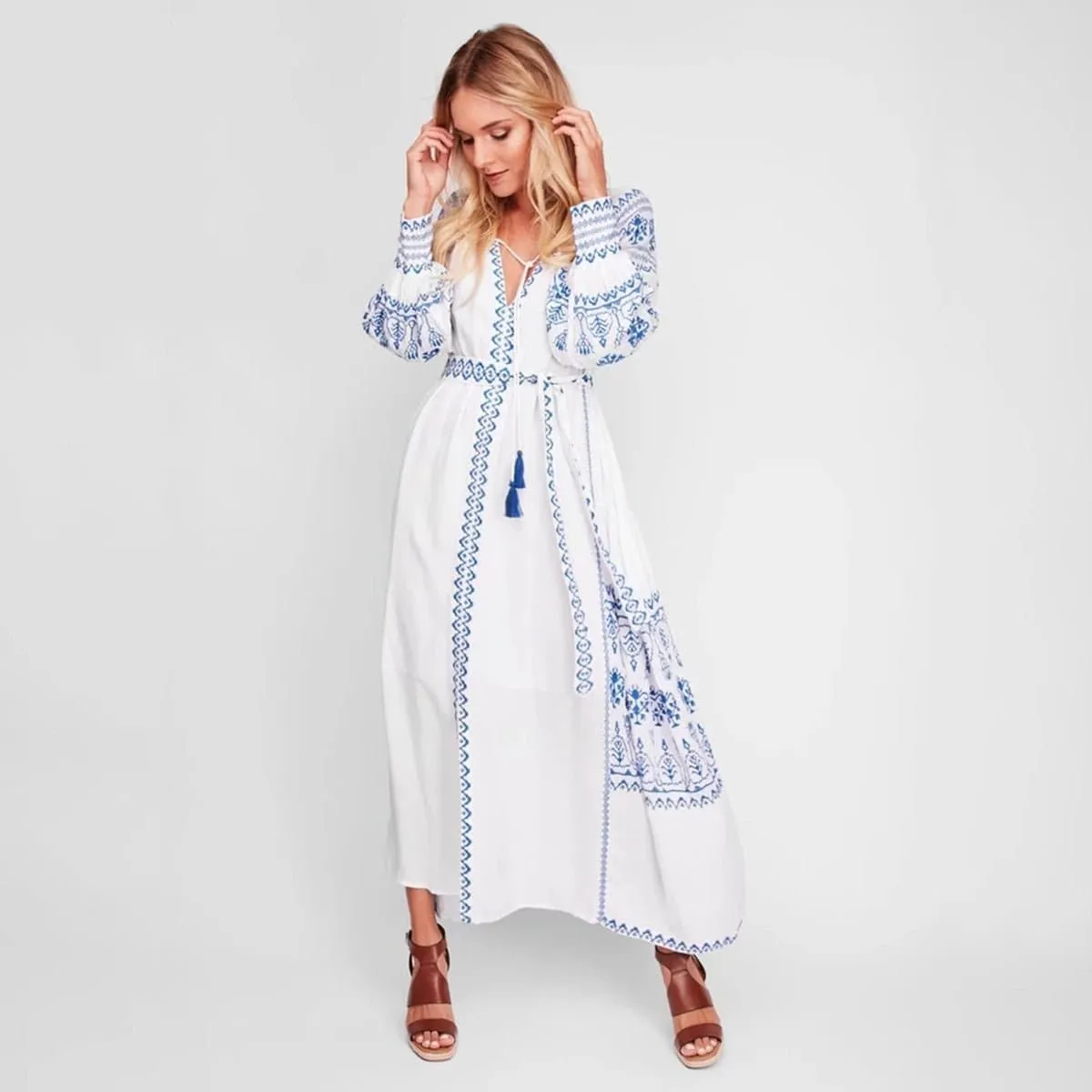 Bohemian Embroidered Maxi Dress with Puff Sleeves | Bahia Maxi Dress