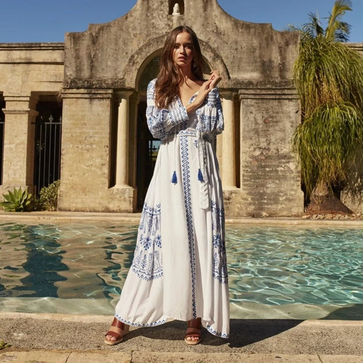 Bohemian Embroidered Maxi Dress with Puff Sleeves | Bahia Maxi Dress