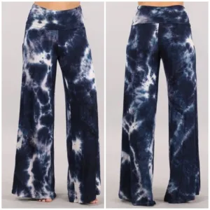 Bohemian Navy Tie Dye Foldover High Waist Wide Leg Palazzo Lounge Stretch Pants