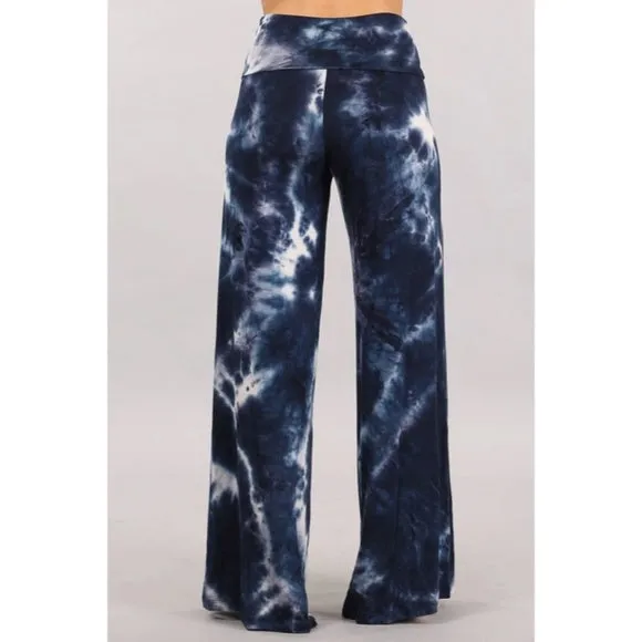 Bohemian Navy Tie Dye Foldover High Waist Wide Leg Palazzo Lounge Stretch Pants