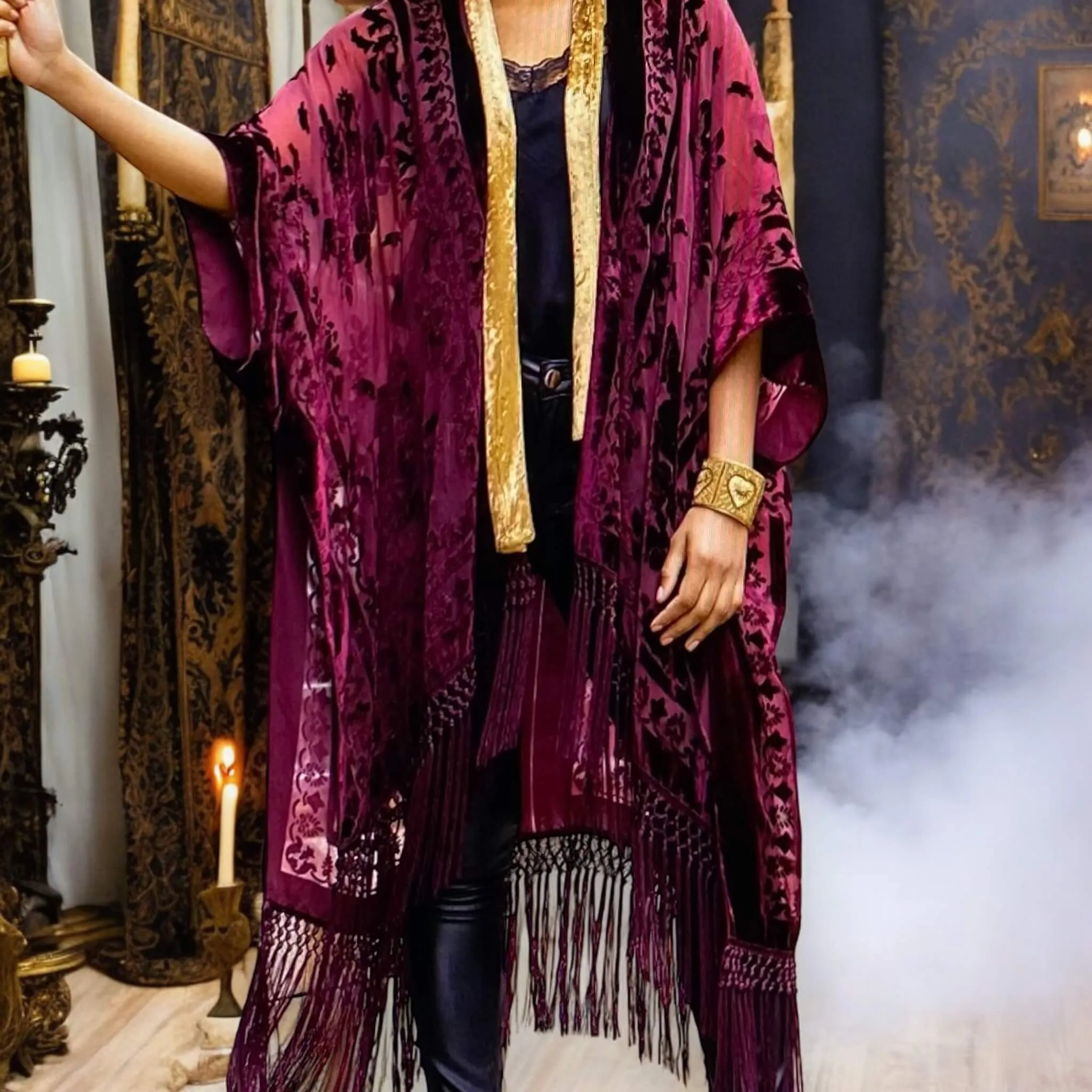 Boho Goth Velvet Kimono Cardigan