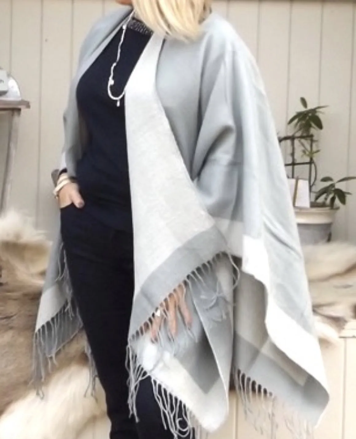 Bordered Reversible Wrap Cape in Cream & Grey