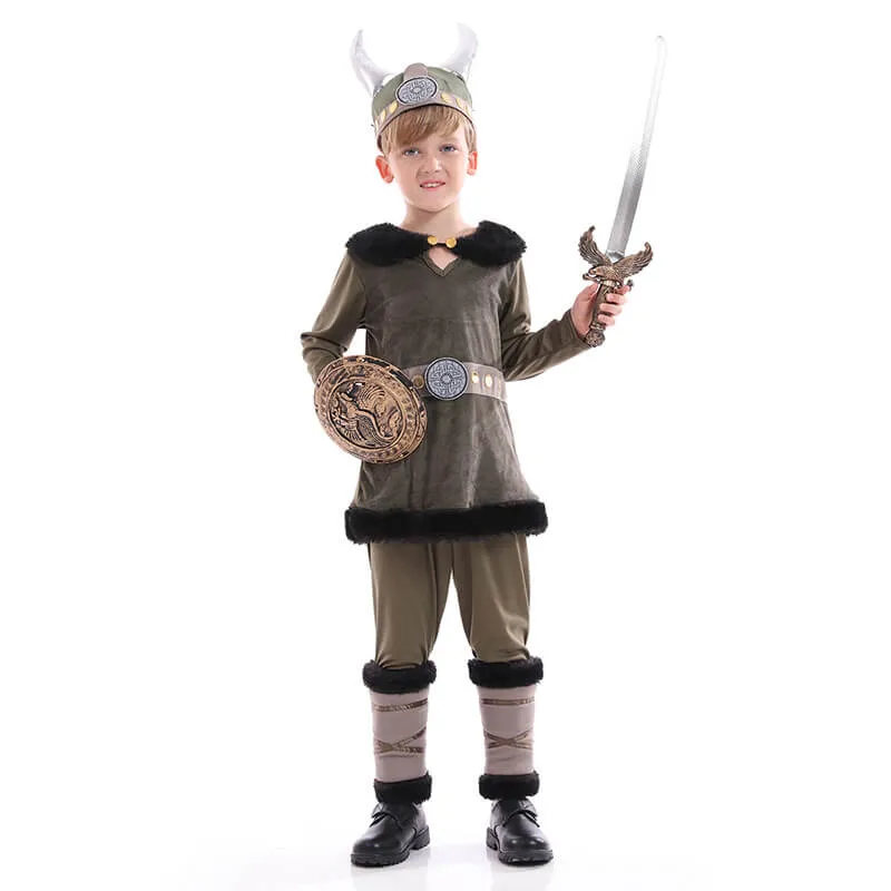 Boys Viking Costume Historical Norse Warrior Medieval Outfit for Kids Halloween Cosplay Party