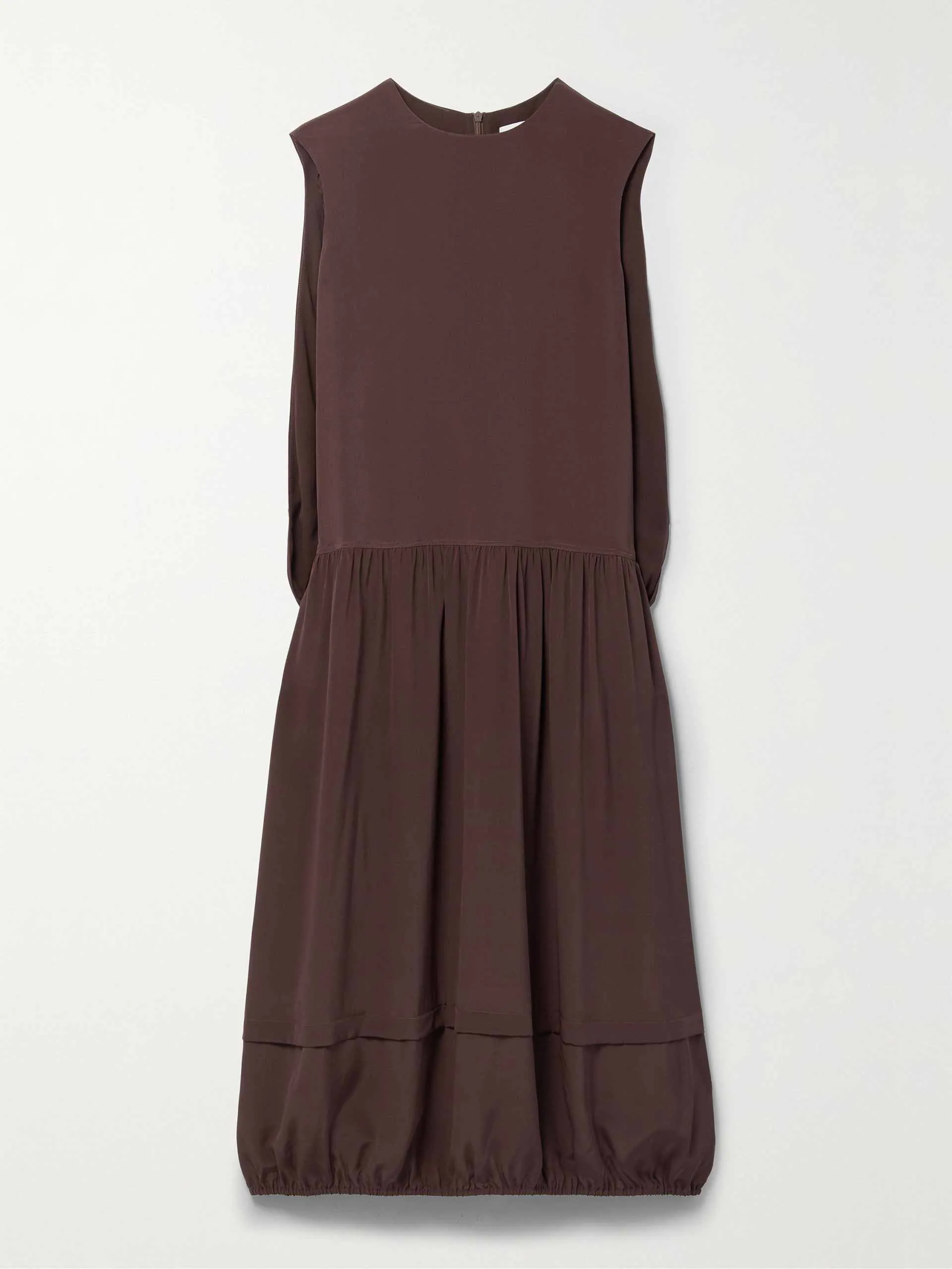 Brown cape-effect tiered organic silk midi dress