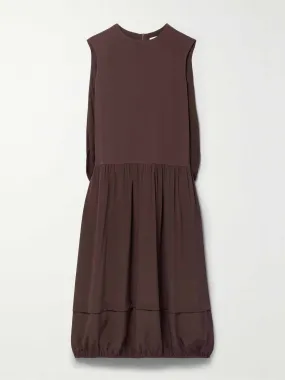 Brown cape-effect tiered organic silk midi dress