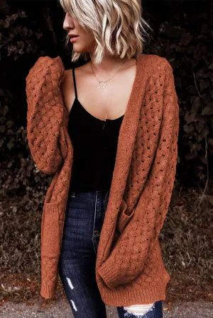 Brown Woven Knitted Cardigan with Pockets