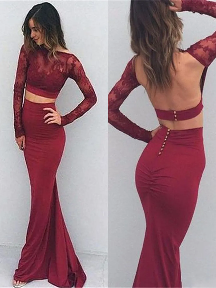 Burgundy Mermaid Two Pieces Long Sleeve Backless Lace Long Prom Dresses, Mermaid Burgundy Formal Dresses, Two Pieces Lace Burgundy Evening Dresses