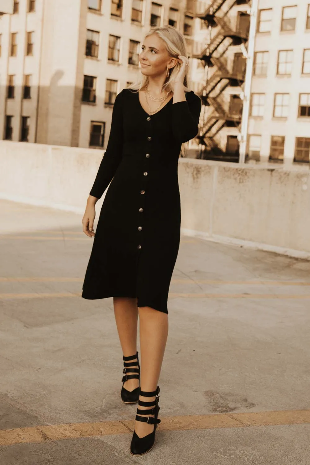 Button Down Knit Dress in Black