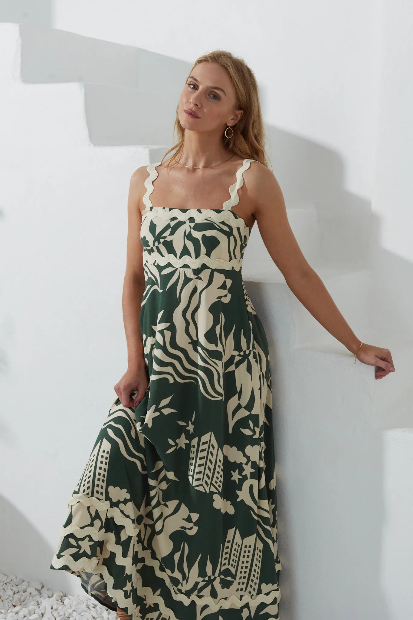 Cali Green Abstract Ric Rac Maxi Dress