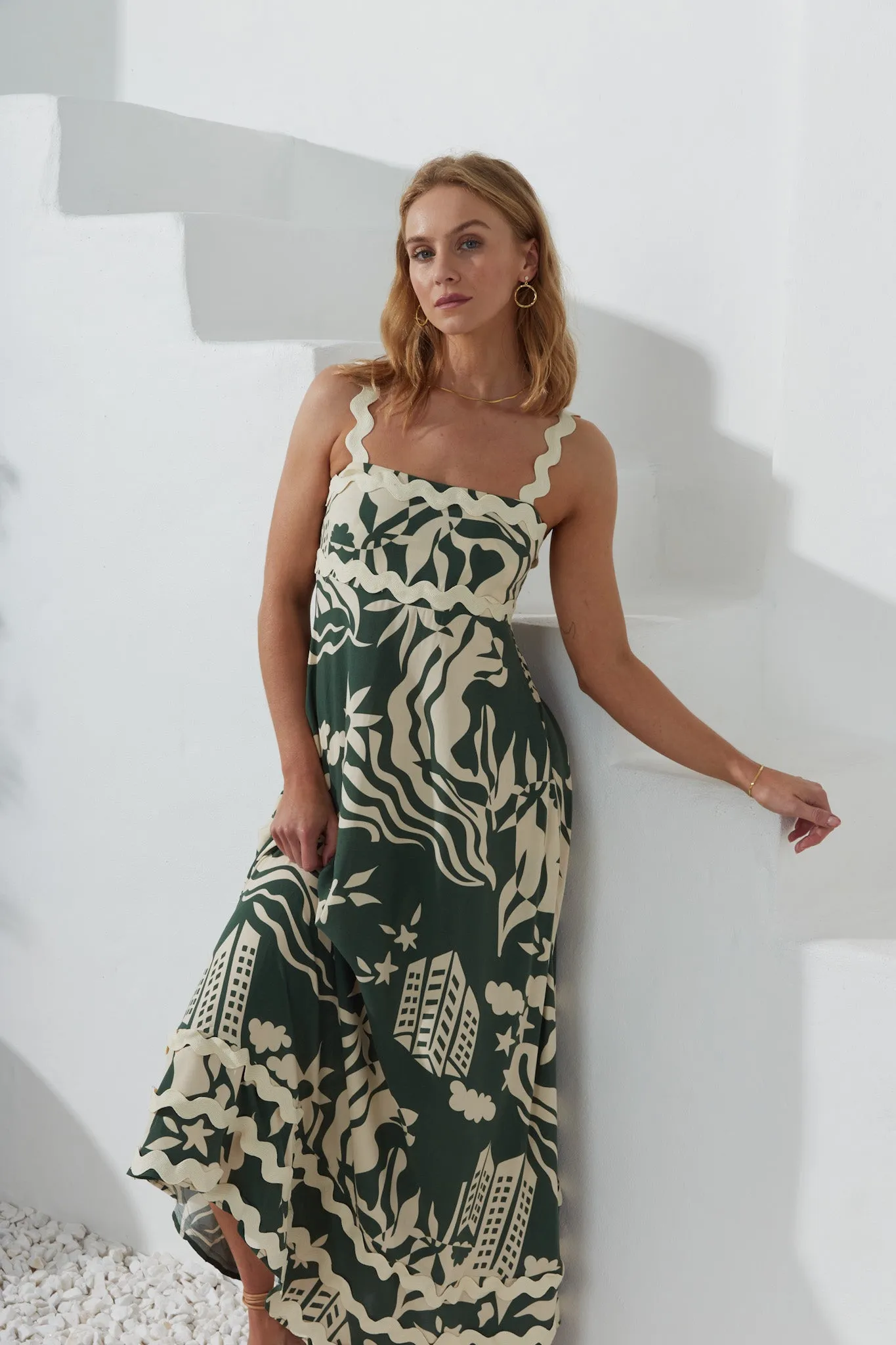 Cali Green Abstract Ric Rac Maxi Dress