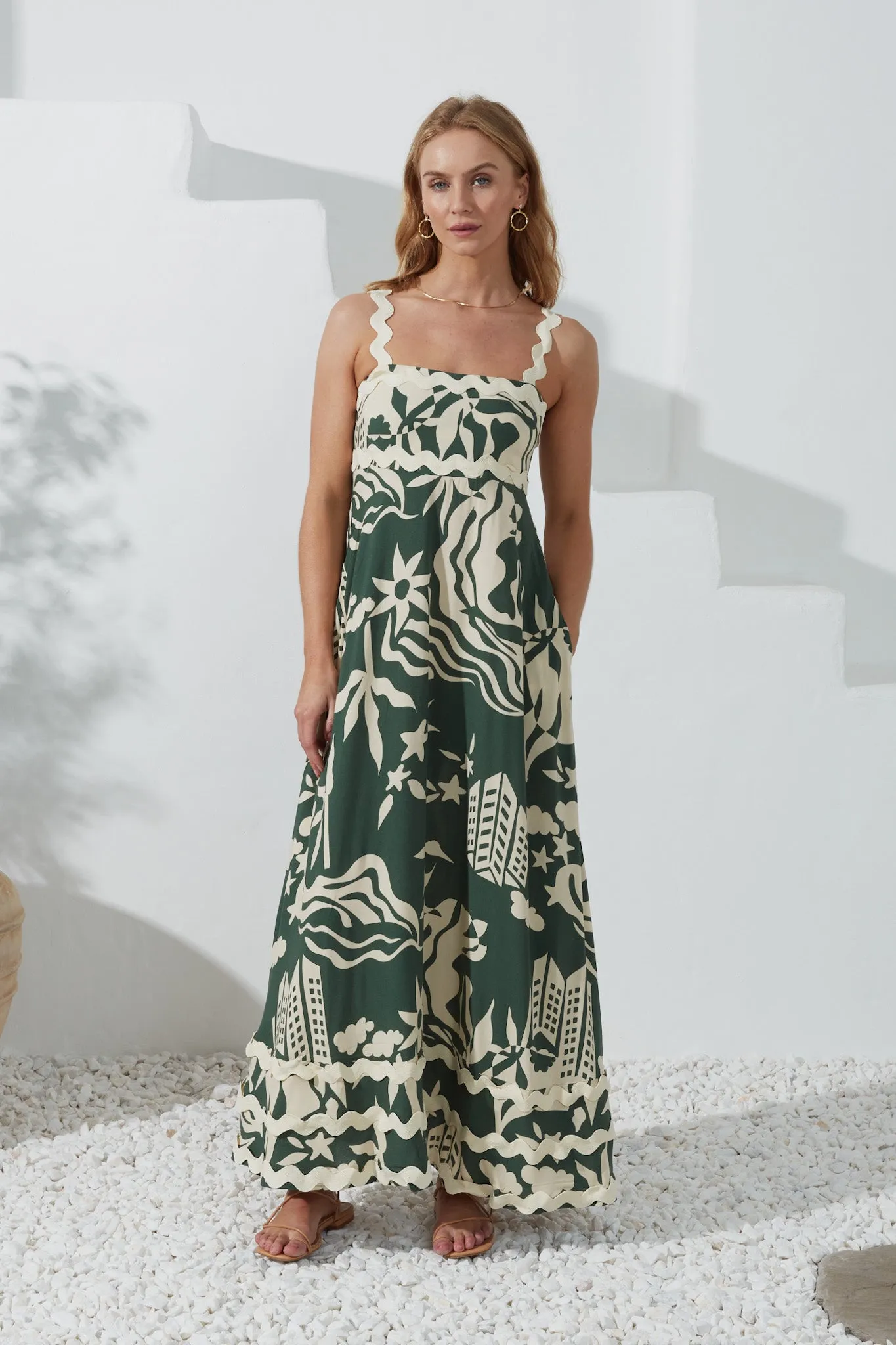 Cali Green Abstract Ric Rac Maxi Dress