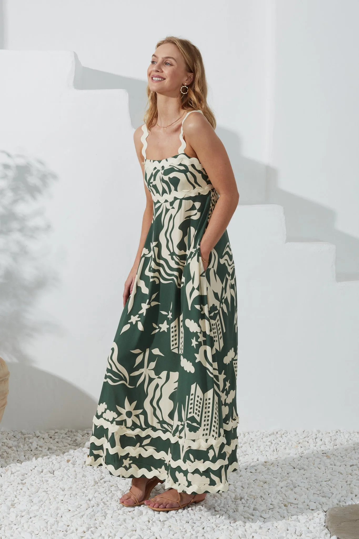 Cali Green Abstract Ric Rac Maxi Dress